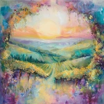 **A breathtaking ethereal landscape painting, blending vibrant oil paints with luminous, translucent organza textures, capturing a vineyard at golden hour with rolling hills, lush grapevines, and a tranquil seascape horizon. A rising sun with soft pinks, lavenders, and golds evokes empowerment and resilience, with delicate organza layers adding shimmering, whimsical depth. The composition radiates divine calm and timeless elegance, transforming spaces into sophisticated sanctuaries, framed by a luxurious interior hint. Inspired by nature’s grace and spiritual strength, in Deeline’s mixed-media style, highly detailed, cinematic lighting, 4K resolution. --v 6.0** - Image #1 <@1110395229338615829>