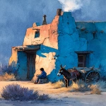 **a humble dark burro resting beside a small wooden cart near an adobe kiva, faint smoke rising from the rooftop vent, a Navajo child sitting nearby with a blanket across their lap, soft sagebrush and piñon surrounding the scene, mesas glowing with the last light of sunset, warm ochre and turquoise tones, watercolor texture with gentle brushwork, slightly closer perspective, showing harness detail, in the style of E. H. Shepard, New Mexico desert landscape, --ar 4:5 --s 250** - Image #3 <@1081749564803010630>