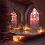 **a fantasy medieval bathroom with large stained glass windows, stone walls, and an in-ground jacuzzi surrounded by candles and flowers. a pink sunset can be seen outside, realistic. --v 7.0 --ar 9:16** - Image #3 <@493856209669980164>