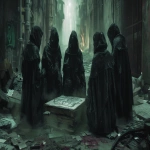**five cloaked skaa rebels gathered in a narrow ash-strewn alley at night, huddled around a map laid on a crate, all with visible faces showing determination and focus, worn clothing and scavenged gear, black ash falling from the sky, soft mist swirling at their feet, flickering warehouse light nearby casting long shadows, gritty dark fantasy, cinematic composition, inspired by mistborn, oil painting style --ar 16:9 --v 6.0 --raw** - Image #1 <@398622100233125890>