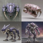 **mighty Xenozord, xenomorph head and xenomorph mouth, large sharp claws, lavender colored --chaos 20 --ar 3:4 --exp 10 --stylize 200 --v 7.0** - <@281826490209796096> (relaxed)