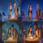 **Ilustración digital estilo storybook art y animación 2D moderna, escena exterior de la Natividad del Señor ambientada en el siglo I en Judea. La Virgen María, una joven de rostro tierno y expresión cálida, lleva túnica de lino color natural y manto azul con una frazada sobre la cabeza, inclinada hacia el pesebre. A su lado, San José, hombre de mediana edad, con túnica sencilla y chaleco de lana marrón, barba recortada y expresión serena, observa con ternura al Niño Jesús, envuelto en telas de lino y recostado en un pesebre de madera con paja. La escena ocurre bajo un cielo nocturno estrellado donde destaca la brillante Estrella de Belén. Rodean el pesebre animales como ovejas, un burro y un buey, mientras al fondo se asoman los pastores y los Reyes Magos, aún a cierta distancia, con actitud de asombro y alegría. La iluminación cálida emana del Niño, creando una atmósfera acogedora, mágica y cercana, con expresiones humanas, suaves sonrisas y gestos espontáneos. Composición narrativa, fondo rural de piedra y madera, entorno árido y auténtico de Judea. Colores terrosos, pinceladas suaves, enfoque emocional. --ar 16:9 --v 7.0 --chaos 28** - <@1087600289290403840> (fast)