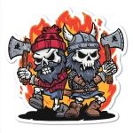 **Ad for Axe throwing company. A skeleton Lumberjack, wearing a Red Buffalo Plaid Beanie and Shirt and a Skeleton Viking Wearing Body Armor fighting each other with axes. Fierce, Angry, Flames, Skulls, Crows, Cartoon, Thick Black Outline, White Background, Sticker, Vector --v 7.0** - Upscaled by <@1067982535730151454> (relaxed)