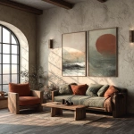 **modern rustic living room, textured warm beige plaster wall, oak furniture, earthy colors, sage green and terracotta accents, soft indirect sunlight, two tall vertical framed posters (2:3) side by side, your art here, cozy natural atmosphere, ultra-realistic, --ar 1:1 --s 250** - Image #2 <@936233332788854815>
