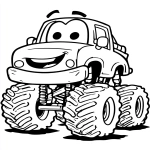 **Cute cartoon monster truck, happy face, exaggerated big wheels, simple shapes, thick bold outlines, black and white line art, no shading, kids coloring book --ar 9:11 --v 7.0** - Image #3 <@1056554354854854686>