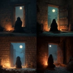 **a cinematic 3D scene in 16:9 aspect ratio, showing a young girl seen only from behind, wearing a black abaya and scarf, sitting alone in a dark stone room after the tragedy of Karbala, her back slightly hunched in sadness, she is facing a small wooden window and door, through which a full moon is visible in the night sky, soft blue moonlight shining through the window and door, casting gentle light on the girl's back, the room is dimly lit with a candle flickering beside her, outside shows burnt tents and palm trees in ashes, the mood is deeply emotional, expressing loss and longing, warm amber tones mixed with cold blue light, realistic texture, soft shadows, volumetric cinematic lighting, ultra-detailed, 4K resolution** - <@1293207297316880454> (fast)