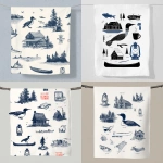 **<https://s.mj.run/dnEDF8WzQwU> a loon, cabin, coleman lantern, and canoe pattern for a tea towel print. the pattern composition should be vector in style and all the elements should be black. It should be simple and clean** - <@1149448379978489937> (fast)