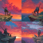 **a man with a metallic arm, a futuristic rifle, and a broad brimmed hat looking off a cliff toward a dramatically colorful sunset, his dog is sitting next to him, 8bit color, retro video game rosolution --ar 5:7** - <@481618854582157330> (fast)