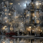**illustration of parisian buildings with shops and coffee shop on the first floor, beautiful christmas decorations in windows, red car parked at street corner, people walking around, night sky with stars, by tracie grimwood-- chaos 70 --ar 2:3 --v 7.0 --stylize 900 --profile ea1p51r --sref <https://s.mj.run/SX5g2AlIBLk> --raw** - Image #4 <@1002119060680609803>
