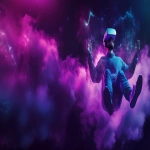 **a person with modern vr glasses from apple floating relaxed and excited in the air surrounded by sound waves like in a cloud of soundscape, vaporwave style rendering realistic --ar 2:1** - Image #1 <@761599047919206431>