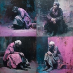 **A fast, strongly colored painting, heavily in tones of pink, white, purple-blue and black, Paris streets, Victorian era, focusing on an old beggar woman shabby, sad, dirty, begging on the street, sitting, in full screen shot, dark atmosphere. Painted by Jenny Saville.** - <@1106776019475636345> (fast)