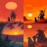 **a man with a metallic arm, a rifle, and a broad brimmed hat looking at the setting sun. his dog is sitting next to him, all done in 8bit art --ar 5:7** - <@481618854582157330> (fast)