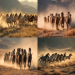 **Photorealistic action shot of a large herd of wild horses galloping at extreme speed, side view, dynamic poses, powerful strides, muscular bodies, flying manes and tails, hooves kicking up massive dust clouds, running left to right. Sharp focus on leading horses with fast shutter speed effect. Background is vast open prairie with rolling hills under dramatic low-angle golden hour sunlight, rendered with extreme motion blur, background streaking, speed lines, motion streaks, shallow depth of field. Intense sense of velocity, movement, wild freedom, and epic scale. Wildlife photography. --ar 16:9 --raw --v 7.0** - <@888546328244801596> (fast)