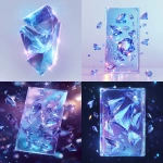 **A vertical glass trading card, a flat piece of transparent glass with a smooth blue and purple gradient tint. Inside the glass, traces of glitches and blurred shards of large blue diamonds explode outward, creating a dazzling blue and rainbow holographic effect. Ultra-realistic, crisp detail, prismatic reflections along the glass edges, cinematic lighting, perfect for a trading card design. --ar 27:29 --quality 2 --v 6.1** - <@1007029574430892245> (fast, stealth)