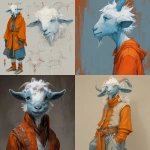 **a goat/human hybrid. More human-like. light blue skin, white hair, orange outfit.** - <@442905496559812618> (fast)