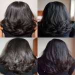 **a photo of the back view of an indian girl with long, black, straight, and shiny hair that is soft to the touch. the focus should be on her head from behind so we can see how it would look if she cut off half her hair length in a single cut. she has shoulder-length hair. her hair looks thick and voluminous. it's not sharp at all but kind of wavy and textured, with some layers for volume. there were no hair extensions or styling used; just her natural hair. --ar 67:120** - <@1176528279734329450> (fast)