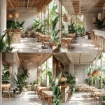 **A minimalist tropical restaurant design, seamless indoor-outdoor flow, white concrete walls, warm wood slats, lush indoor plants, rattan furniture, soft natural sunlight, serene atmosphere, architectural visualization --ar 3:2 --v 6.0** - Variations (Strong) by <@1296729788215595112> (fast)