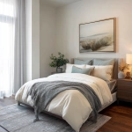 **interior design of a model unit showing the GUEST BEDROOM in french country style. walnut wood floor. french style bed with white beddings. sheer white curtains. artwork with teal still life painting, modern gray area rug. landscape artwork with silver frame. --v 7.0** - Image #4 <@1231814052913877045>