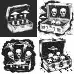 **retro 1980s VHS horror cover style logo, open tackle box acting as a portal, flying saucers, eerie alien faces, smoky ghosts emerging, bold ink illustration, black and white, heavy shadows, hand-drawn horror art style, simplified logo design, centered icon, clean background, no text --ar 1:1 --v 6.0 --s 200 --raw** - <@803064038300450856> (fast)