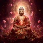 **Highly detailed digital painting of Amitabha Buddha seated in full lotus posture on a large radiant crimson and gold lotus throne, floating amidst cosmic clouds. His expression is calm, solemn, and divine. His eyes are closed, showing deep meditation. He has long earlobes, arched eyebrows, a round top bun, and a glowing red urna on his forehead. His skin is soft and luminous. He wears flowing, elaborately embroidered red and golden-yellow robes, rich with floral and celestial patterns inspired by traditional Chinese thangka and Pure Land Buddhist art. His hands are in Dhyana Mudra, palms upward, right over left, thumbs gently touching. In the center of his chest is the sacred 卍 symbol, glowing faintly. Behind his head is a gigantic radiant halo, with intricate mandala and lotus petal patterns. The halo radiates beams of gold, white, and pink light, blazing outward like a sun of compassion. His entire body is glowing with a soft golden-red aura, and gentle pulses of cosmic light expand outward, merging into the background. The background is majestic and cosmic, a deep crimson sky adorned with glowing floral motifs, swirling energy, falling lotus petals, and mystical golden mist. Celestial textures and sacred geometry enhance the divine presence. The atmosphere is grand, transcendent, and filled with deep spiritual warmth. Vertical format, ultra-detailed, cinematic lighting, with subtle Studio Ghibli-style anime aesthetics blended with sacred Buddhist iconography. Perfect for depicting Amitabha Buddha in a divine oracle card or spiritual thangka.** - Image #4 <@1056980764291514368>
