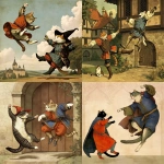 **John Backflip a cat who invented the backflip who was exiled for witchcraft meets his arch rival William Frontflip in a medieval painting of cute cats --niji 7** - <@937851746712186921> (relaxed)