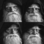 **realistic portrait of an old wise man with long white beard and deep eyes, wearing a dark hooded cloak, cinematic lighting, ultra-detailed wrinkles and skin texture, sharp focus on the face, soft shadows, mystical atmosphere, monochrome black and white, 8k, ultra realistic photography style --ar 3:4 --v 6.0 --no hand, staff, medallion, background symbols --raw** - Variations (Strong) by <@1146806236982034432> (fast)