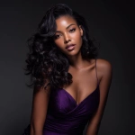 **Stunning Black African American woman with deep, rich dark skin, wearing a form-fitting purple gown. Her hair is long, silky, jet-black with a neat middle part, styled in soft, voluminous curls that frame her face similar to glamorous blowout curls. Full lips, long lashes, soft natural glam makeup, radiant skin. She leans forward slightly in a confident, feminine pose. Background is a sleek black gradient studio backdrop with subtle flash-photography highlights. High-fashion editorial lighting, ultra-realistic detail, smooth textures, luxury beauty aesthetic, 4k, portrait orientation. --v 7.0** - Image #4 <@1344017073965240440>