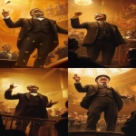 **a charismatic man in early 1900s presidential-style suit standing on a stage or balcony, laughing heartily with a wide grin, one hand raised as if joking to a crowd, vintage reporters and officials in the background laughing along, warm golden light, historic banners waving, cinematic composition, humorous yet respectful tone, historical fiction illustration --ar 9:16 --v 6.1 --raw** - <@1354559475473973422> (fast)