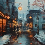 **An underground tunnel beneath Istanbul inspired by Orhan Pamuk’s "The Black Book", beginning in an old puppet shop filled with hanging marionettes, the tunnel illuminated by lanterns and candlelight, flowing like a mythic passage toward a distant bridge over the Bosphorus Strait, city layers stacked vertically, dreamlike literary symbolism, Persian miniature painting style, Ottoman manuscript illustration, flattened spatial depth, delicate linework, ornamental geometry, gold accents, deep ultramarine and sepia tones, snowing weather , snowflake macrophotography, poetic melancholy, archival painting texture, timeless narrative art. Replace with turkiye lanterns, reduce number --v 6.0 --stylize 650 --ar 3:4** - Image #2 <@1091053757971845220>