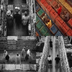 **1950. Top view. Two women and a man each push their shopping cart through the aisles of a supermarket. On the shelves: bottled beer and canned goods. --ar 11:9** - <@427585336424661004> (relaxed)