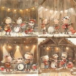**children's book illustration of a band playing under the lights on a stage. The band consists of a blonde girl with a microphone, a brunette boy with a microphone, a cute pig who is playing a drum set, a cute chicken who is playing the guitar and another cute chicken who is playing another guitar and wearing sunglasses. --sref 839 --v 6.0 --s 250** - <@1097991841179254824> (fast)