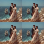 **photograph type picture of a gorgeously handsome man with dark hair and blue eyes dressed in Regency era clothing. He is standing on a cliff top with a beautiful woman also wearing Regency era clothing - empire line dress with high waist. They are holding hands and watching a sailing ship of the type like HMS Victory. It is sunny. They are happy --v 7.0** - Variations (Region) by <@1160482508425658468> (fast)