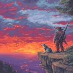 **a man with a metallic arm, a futuristic rifle, and a broad brimmed hat looking off a cliff toward a dramatically colorful sunset, his dog is sitting next to him, 8bit color, retro video game rosolution --ar 5:7** - Image #4 <@481618854582157330>