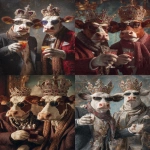 **Ultra HD profile photo of two buff cows wearing giorgio armani suits and winter scarves, wearing crowns with lots of gems on the crown, wearing sunglasses. the two cows are at a party and are holding their arm out with drinks in their hands doing a cheers motion to celebrate. background is decorated with a royal theme. taken with a cannon eos, hyperrealistic, natural lighting --ar 2:3 --raw** - <@1103975769467789322> (relaxed)
-# Create, explore, and organize on [midjourney.com](<https://midjourney.com/imagine?from_discord=1>)