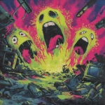 **80s horror B-movie poster style UK bassline cover art, acid rave theme, dripping yellow smiley faces with tongues out and sweat, chaotic debris, exaggerated lighting, VHS grain, neon green and pink palette, hand-painted airbrush textures, campy sci-fi horror vibe, glowing outlines, dramatic composition, inspired by Phatworld, Mozey, Interplanetary Criminal, --ar 1:1 --v 7.0 --s 850 --q 2 --raw** - Image #1 <@289277077293760513>