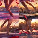 **Hyper-realistic close-up of a young rhythmic gymnast’s legs and feet in authentic rhythmic gymnastics shoes (soft beige slippers with open heel and closed toe), captured mid-spin on her toes. The background clearly shows a blurred city skyline from a rooftop at golden hour, with warm sunset tones. The palette features elegant reds, purples, and whites, softly blended and not overly saturated. Sparkling rhinestones from her costume catch the light, and the flowing red ribbon enters the frame, adding energy and continuity. Cinematic, dreamy, golden-hour atmosphere, perfectly matching the tones and style of the second frame. --ar 9:16 --v 6.0 --raw** - <@1090995563744477184> (fast)