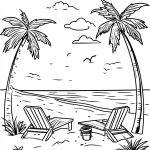 **A simple coloring page for children of A beach scene with palm trees, lounge chairs, and sand pails. A coloring page for kids in the style of Johanna Basford, with thick lines, black and white, no shading, flat art, easy to color, a simple cartoon drawing with high detail. for a simple black and white coloring page, line art, thick lines, easy to color. no shading, lavender --v 6.1** - Image #4 <@1201148944726638674>