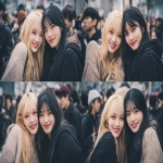 **a photo of two young k-pop idol girls in the city street, one blonde with bangs and long hair wearing stylish light autumn fashion (thin knit, skirt, or light jacket with a slight skin exposure like neckline or ankles), the other a black-haired girl in modern casual autumn attire (not too heavy, with subtle skin exposure such as wrists or legs), both smiling at the camera. the background is blurred cityscape to emphasize their expressions and interaction. no hats, natural hairstyle. --ar 3:2 --v 7.0** - Variations (Strong) by <@439649665210908673> (fast)