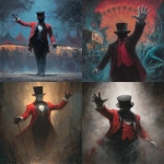 **a carnival ring master wearing a red vest and black suit with no face under his black top hat is welcoming you with his right arm to the creepy weird Lovecraftian carnival, as a front page art piece painting, --ar 8:11** - <@1035886146422583346> (fast)
-# Create, explore, and organize on [midjourney.com](<https://midjourney.com/imagine?from_discord=1>)