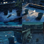 **The time is night, and on the large rooftop of an old apartment building, three or four empty buckets are rolling around, beautifully shining transparent reptile scales are scattered all over the place, and a beautifully shining bird feather is placed in the corner. Please do it in Ghibli animation style. --v 6.1 --ar 35:52** - <@1107492289116373013> (fast)