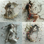 **Ultra-high quality 3D render of an elegant fairy silhouette bursting through a cracked white concrete wall, upper body and arms emerging from the hole, smooth black stylized silhouette with feminine features, delicate face in profile blowing gently toward the right side, cheeks puffed as if sending a magical breath, hair tied in ponytail with small pink bow, wearing a short dress filled with dense vibrant floral pattern of multicolored flowers in pink blue yellow purple green, bright pink high-heeled shoes, holding a floral parasol with pink handle and colorful flower canopy, from her breath flows a magical trail of butterflies and small flowers drifting gracefully to the right and upward in shades of pink magenta orange and pastel tones, realistic broken concrete wall edges with detailed cracks chunks and plaster debris scattered around, dust particles floating in air, dramatic depth and shadows, cinematic soft lighting with gentle backlight, Pixar-style charm mixed with Unreal Engine photorealism, hyper-detailed textures on flowers butterflies and wall damage, depth of field focused on the fairy, whimsical joyful springtime fantasy atmosphere, sharp focus, professional CGI render, 8K quality, square composition --ar 1:1 --v 6.0 --s 750 --raw** - <@1447646312400031825> (fast)
-# Create, explore, and organize on [midjourney.com](<https://midjourney.com/imagine?from_discord=1>)