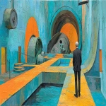 **A surreal neo-expressionist scene featuring an elongated, distorted figure standing amidst a vast, gravity-defying interior where the floor has turned into a swirling whirlpool of dark coffee and black ink. Instead of a heart, the figure's chest reveals a massive, rusted copper clockwork mechanism dripping with vibrant crimson paint. The walls are composed of giant, melting parchment letters that bleed into a deep teal atmosphere. Concentric bright orange circles loom in the background like haunting, unblinking mechanical suns. Extremely thick impasto, visible heavy brushstrokes, palette knife textures, sculptural oil paint. --v 7.0 --ar 16:9 --stylize 400 --chaos 30** - Image #1 <@1451225804582420671>