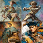**<https://s.mj.run/pD-mXUe5K9w> millennial generation, oil painting depicting art of a handsome young warrior, modern day, fashion shoes, Affandi's painting style, full body view, dynamic pose, full body view, millennial generation, fractal patterns, mens boots, small splashes of blue paint, warm colours, and surrealism. Francesco Solimena style --sref <https://s.mj.run/cSL24lmjarU> --sw 10 --chaos 7 --ar 4:5 --iw 0.3 --v 7.0 --no hat** - <@988364629556199494> (fast)