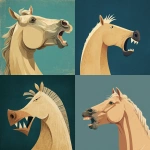 **A realistic illustration, dictionary-style illustration, flat design illustration for children, Pinterest-style, depicting: - The head of an agitated beige horse, showing its teeth, with ears pinned back in a three-quarter profile, anxious, with ears flattened against the nape of its neck, mouth closed, and nostrils pinched! Ears pinned back! ### Dark turquoise background** - <@627984126871470085> (fast)