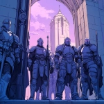 **A futuristic King Arthur and the Knights of the Roundtable standing at the gate to the castle, comic boom art, futuristic, sci fantasy, futuristic armor, comic book line art, in the style of Marvel Comics --v 6.1** - Image #1 <@333046191875162114>