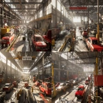 **A vast industrial-scale car factory labeled ‘USED CAR FACTORY’, with conveyor belts moving second-hand cars through inspection, polishing, and reconditioning stations. Rows of used vehicles at different stages of processing some slightly worn, others freshly restored. The building is huge, realistic, and non-futuristic reminiscent of a car manufacturing plant but adapted for used vehicles. Subtle humour in the concept, but rendered photorealistically with cinematic lighting, dust and atmosphere. Exterior view through wide-angle lens showing trucks arriving with old cars and others leaving polished. High detail, realistic scale, 16:9 composition, cinematic realism, soft daylight, dramatic perspective, --ar 16:9 --v 6.0 --raw** - Variations (Strong) by <@1098201299582988349> (fast)