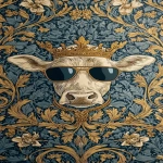 **<https://s.mj.run/0GMbnBQLfYo> william morris wallpaper design of humanoid cows wearing sunglasses and wearing a crown, using 3 colours only --no birds --iw 3 --ar 13:25 --v 7.0** - Image #3 <@1103975769467789322>