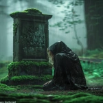 **Dark, moody fantasy scene in a misty rain-soaked forest graveyard, cinematic lighting, sorrowful atmosphere, heavy rainfall falling softly, muted green tones, blurred trees in the background. A weathered gravestone covered in moss clearly carved with "Sam Cortland, beloved" as a nameplate. In front of it, a woman kneels with her back turned, facing slightly to the left toward the gravestone. She is completely covered in a large textured black cloak with the hood up, the cloak pooling around her on the ground and covering her feet and hands, medieval and realistic fabric, not shiny. No face, no hands, no feet visible only faint wisps of blonde hair slipping out from the side of the hood. Dark and gloomy cinematic atmosphere, painterly realism, emotional and atmospheric sorrowful vibe. cartoon, anime, 3D render, CGI, illustration, painting, doll-like, plastic skin, glowing eyes, bright colors, modern clothing, rain jackets, armor, weapons, visible face, visible hands, visible feet, distorted gravestone text, oversaturated, cheerful tone --ar 2:3 --v 6.0 --raw** - Image #2 <@1244098075421708410>