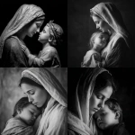 **mother Mary holding young Jesus embracing. Jesus looking up to mother Mary black and white photography --v 7.0** - <@819073620625981460> (fast)