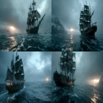 **Ultra-realistic cinematic photograph of the abandoned Mary Celeste ghost ship drifting silently across a dark, endless ocean, her sails torn and rigging loose, no crew visible. The sea is unnervingly calm, with grey rolling swells reflecting the dim overcast sky. Heavy storm clouds loom above, with only a faint cold light breaking through, creating an ominous glow on the horizon. The atmosphere is eerie, bleak, and mysterious, like a ghost frozen in time. Natural muted colors, deep shadows, high-detail textures of wet wood and torn canvas sails, National Geographic style documentary realism, 19th century maritime ghost story mood, gloomy and unsettling. --ar 16:9 --v 7.0 --s 750** - <@1347352121820844044> (relaxed)
